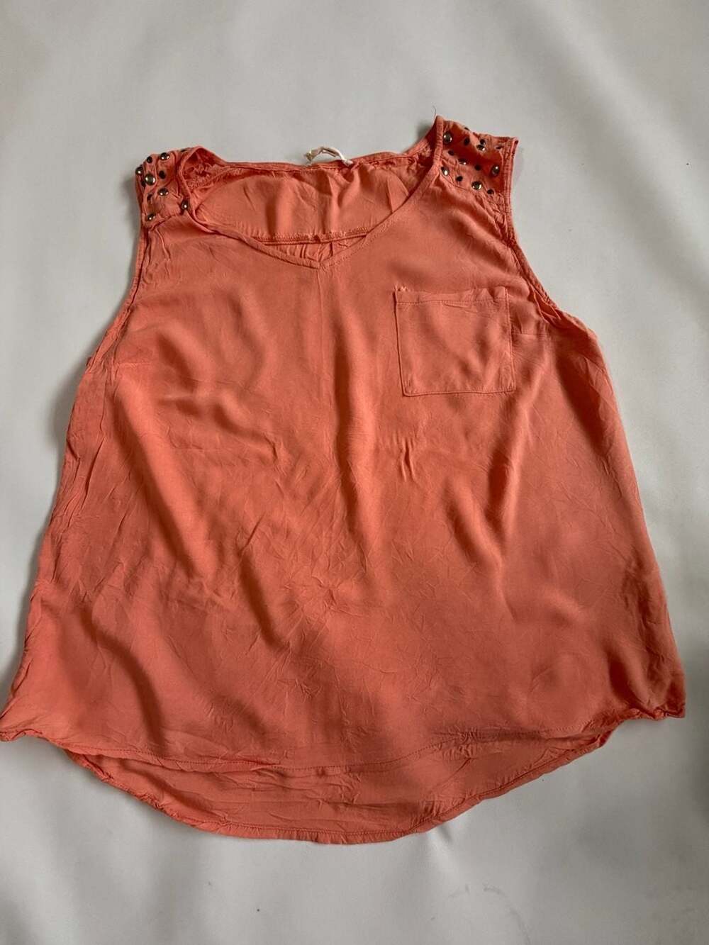 Pearl Y2K Boho Studded Shoulder Pocket Tank Top Coral Orange Flowy L